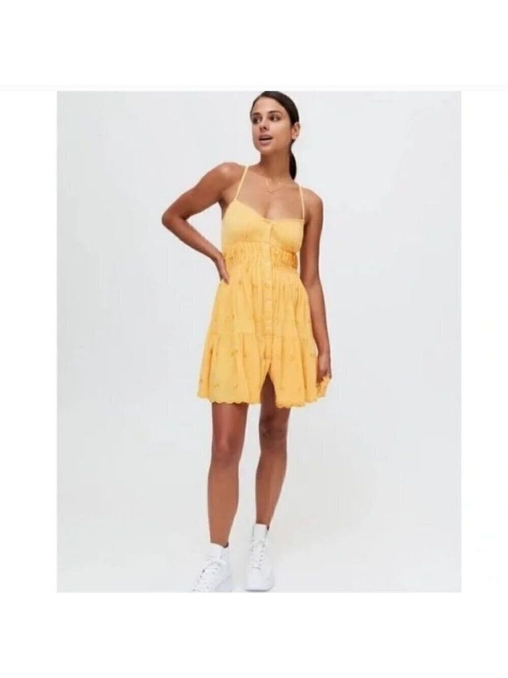 URBAN OUTFITTERS | Sandy Strappy Back Mini Dress embroidered yellow sz XS